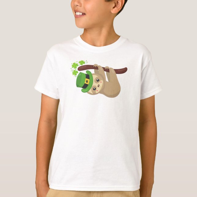 Saint Patrick's Day Sloth, Leprechaun Hat, Clovers T-Shirt (Front)