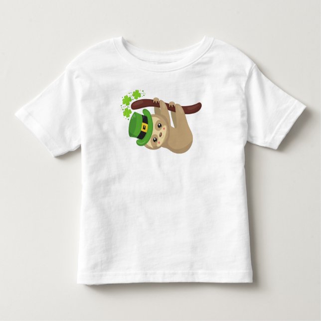 Saint Patrick's Day Sloth, Leprechaun Hat, Clovers Toddler T-Shirt (Front)