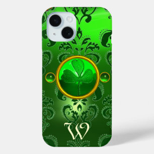 SAINT PATRICK'S SHAMROCK GREEN DAMASK MONOGRAM iPhone 15 CASE
