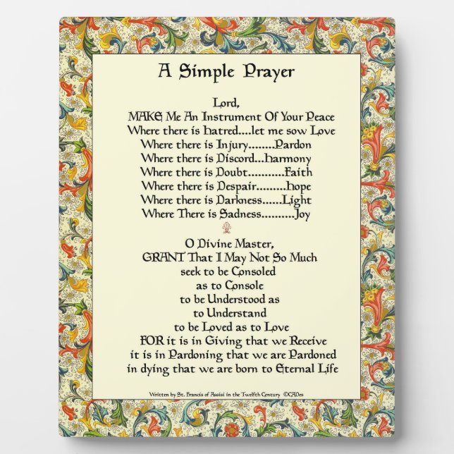 Saint St.Francis of Assisi Simple Prayer For Peace Plaque (Front)