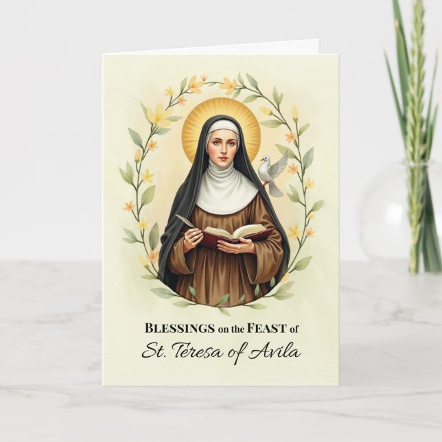 Saint Teresa of Avila Feast Day Blessings Floral W Card (Front)