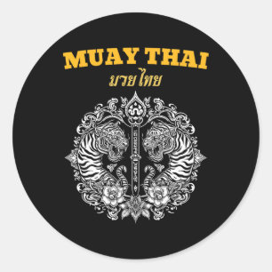 Sak Yant Muay Thai Art Tattoo Twin Tiger Kickboxin Classic Round Sticker