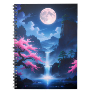 Sakora tree-Moonlit Waterfall with Cherr-pink Notebook