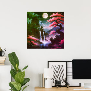 Sakora tree-Moonlit Waterfall with Cherr-pink Poster