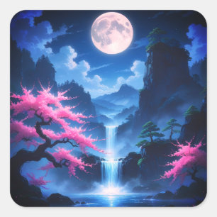 Sakora tree -Moonlit Waterfall with Cherry-nature Square Sticker