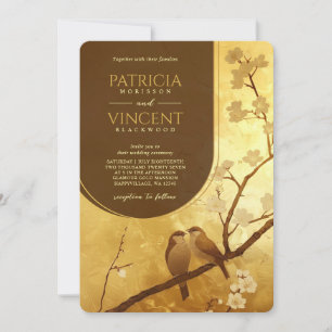 Sakura and Love Birds on GOLD Wedding Invitation
