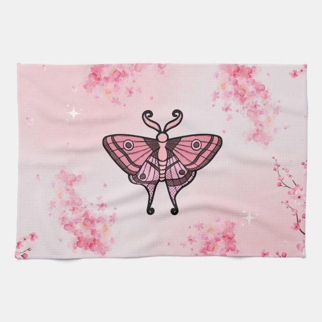 Sakura Bliss, Pink Moth, Sakura Background Tea Towel (Horizontal)