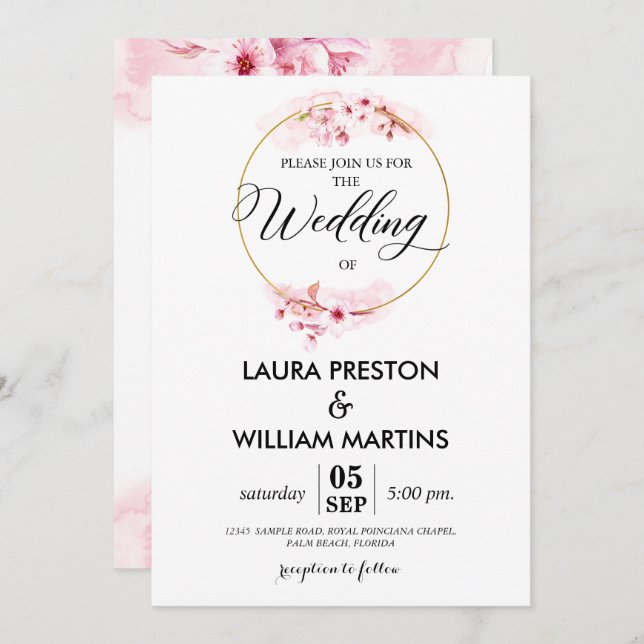 Sakura Blossom Floral Wreath Wedding Invitation (Front/Back)