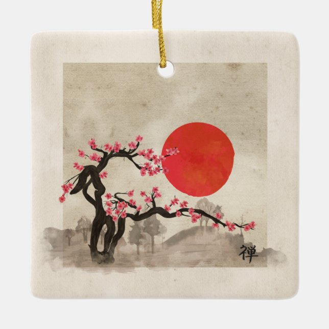 Sakura Blossom Landscape Zen hieroglyph Ceramic Ornament (Front)