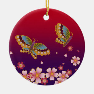 Sakura Blossoms Red & Purple Personalised Gift Ceramic Tree Decoration