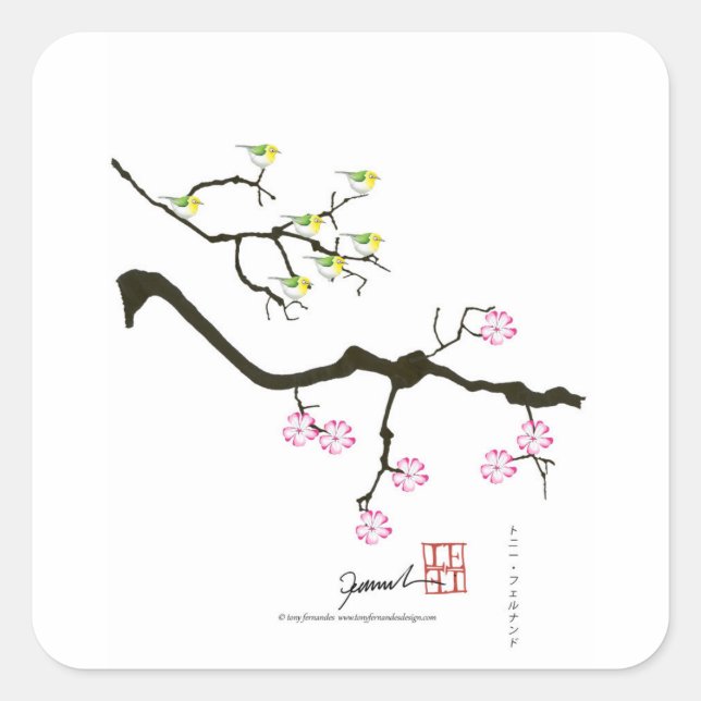 sakura blossoms with birds, tony fernandes square sticker (Front)