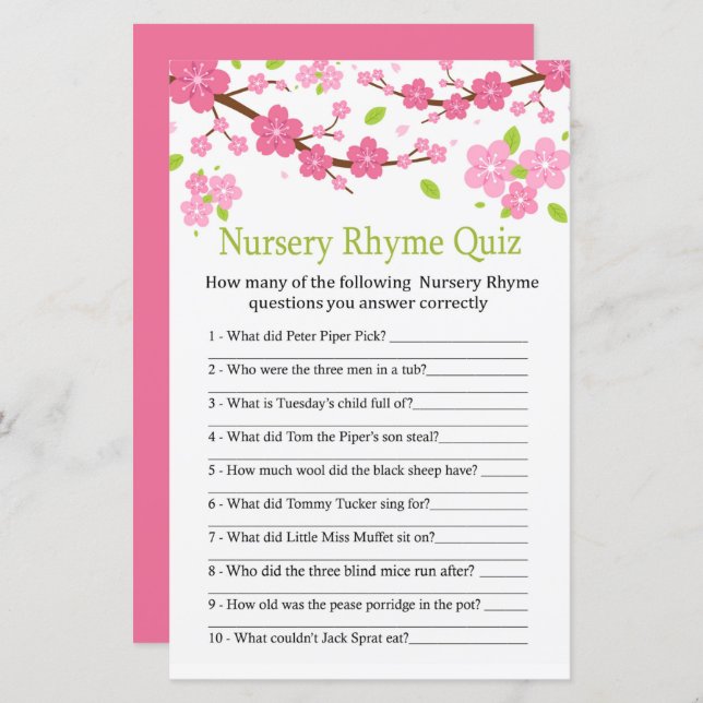 Sakura branch Nursery Rhyme Quiz baby shower game (Front/Back)