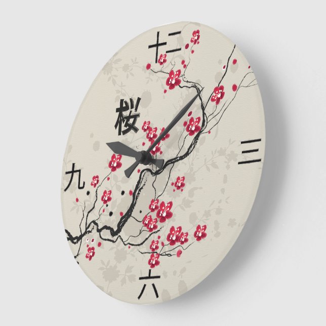  Sakura Cherry Blossom Art with Kanji numbers Large Clock (Angle)