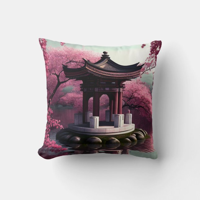 Sakura Cherry Blossom Garden Shrine Pond Japanese Cushion (Front)