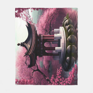Sakura Cherry Blossom Garden Shrine Pond Japanese Fleece Blanket
