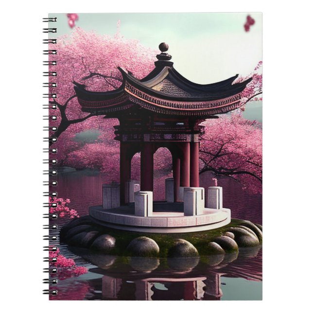 Sakura Cherry Blossom Garden Shrine Pond Japanese Notebook (Front)