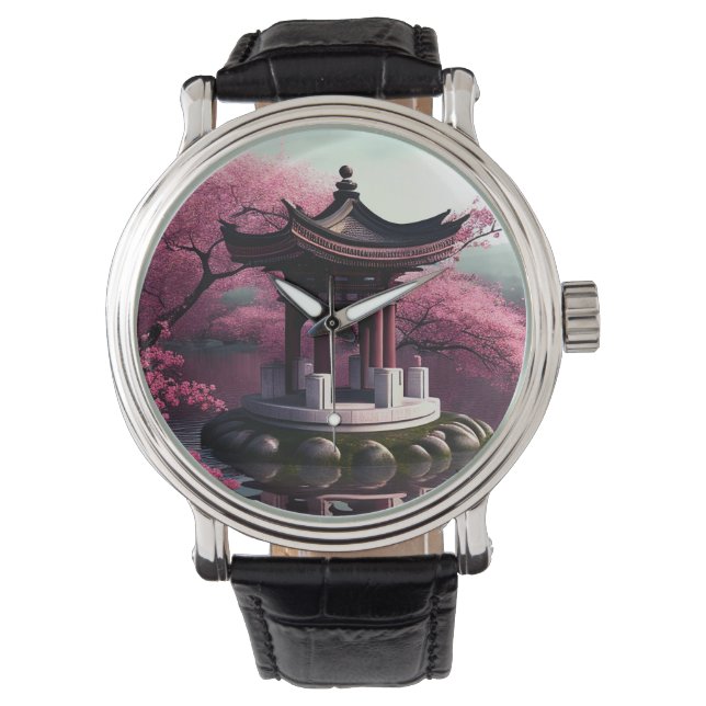 Sakura Cherry Blossom Garden Shrine Pond Japanese Watch (Front)