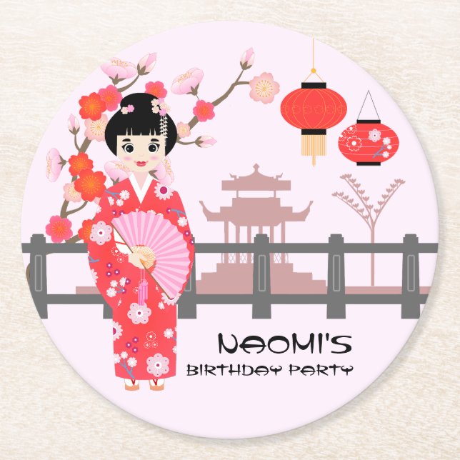 Sakura Cherry Blossom Japanese Girl Birthday Party Round Paper Coaster (Front)
