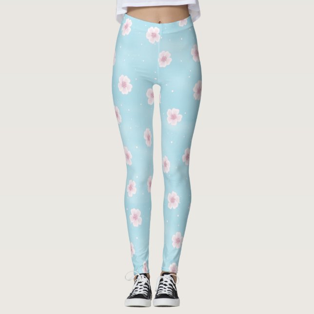 Sakura Cherry Blossom Japanese Spring Floral Leggings (Front)