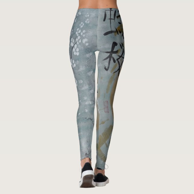 sakura cherry blossom moon sun japan grey painting leggings (Back)