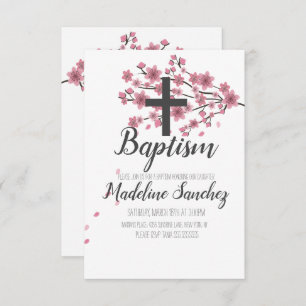 Sakura Cherry Blossom Pink Baptism Christening Invitation