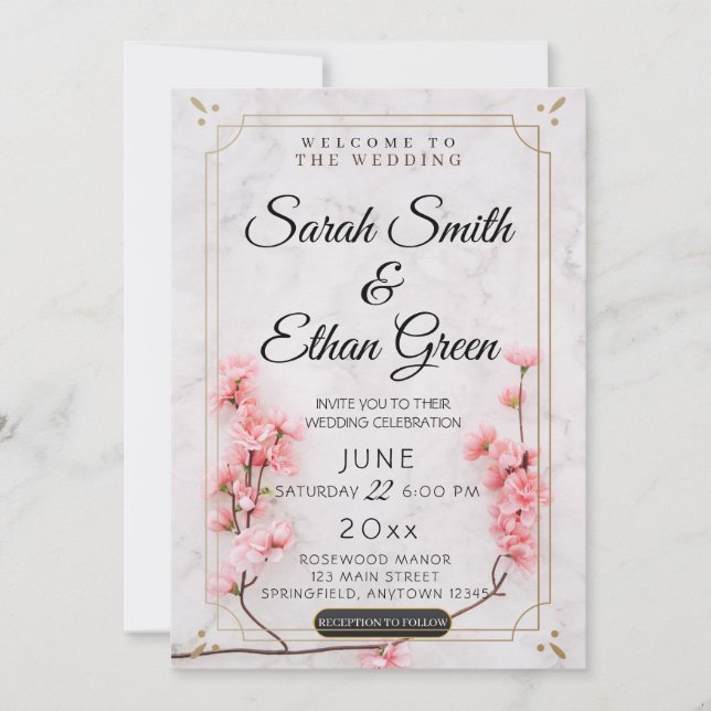 Sakura Cherry Blossom Pink Floral Marble Wedding Invitation (Front)