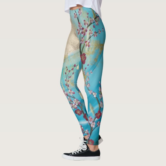 sakura cherry blossom sun blue japan painting yoga leggings (Left)
