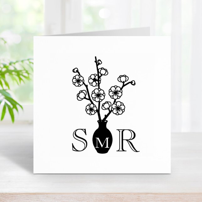 Sakura Cherry Blossom Vase Monogram Initials Rubber Stamp (Creator Uploaded)