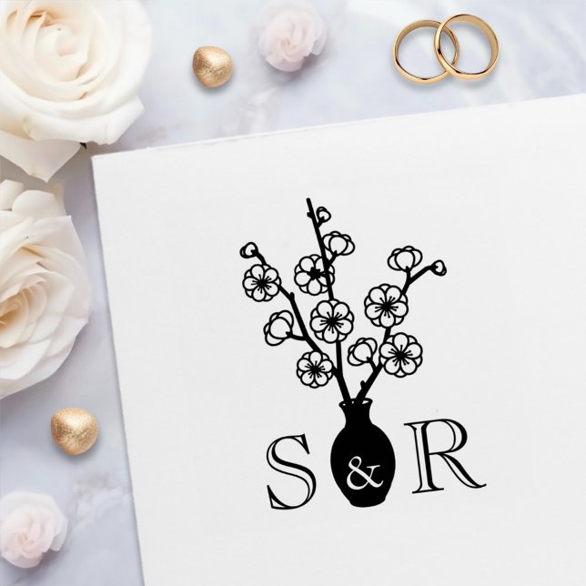 Sakura Cherry Blossom Vase Wedding Monogram Self-inking Stamp (Creator Uploaded)