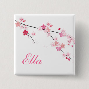Sakura Cherry Blossoms Buttom with Custom Name 15 Cm Square Badge