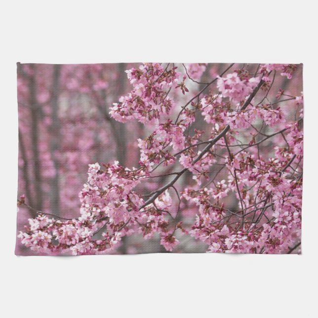 Sakura Cherry Blossoms Flowing Pink Tea Towel (Horizontal)