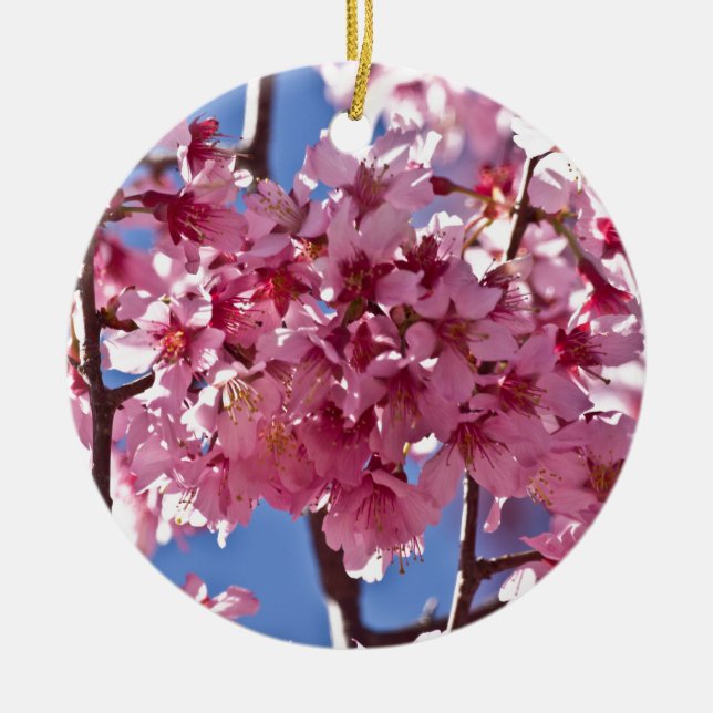 Sakura Cherry Blossoms Red Stars Ceramic Tree Decoration (Front)