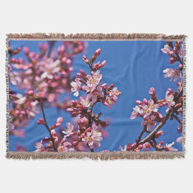 Sakura Cherry Blossoms Touching Blue Throw Blanket (Front)