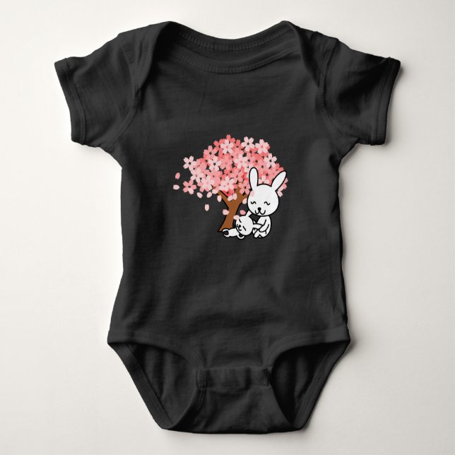 Sakura Cherry Tree Cool Cute Kawaii bunny Rabbits Baby Bodysuit (Front)