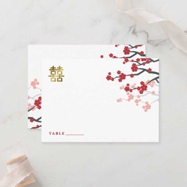 Sakura Double Happiness Chinese Wedding Place Card (Front/Back In Situ)