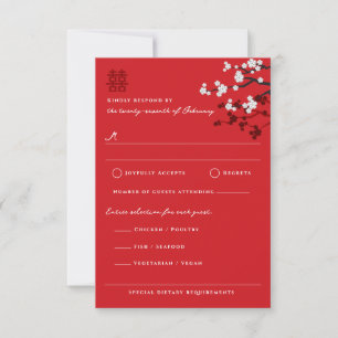 Sakura Double Happiness Chinese Wedding RSVP Card