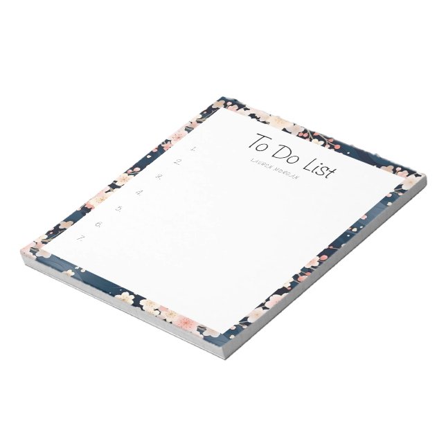 Sakura Floral Navy Waves To-Do List  Notepad (Rotated)
