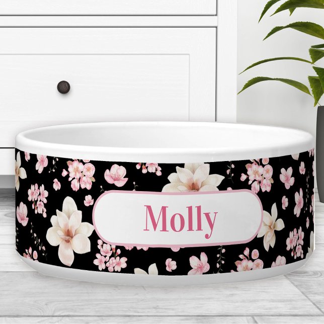 Sakura Floral Pattern Black Pink Name Pet Dog Bowl (Sakura Floral Pattern Black Pink Name Pet Dog Bowl)