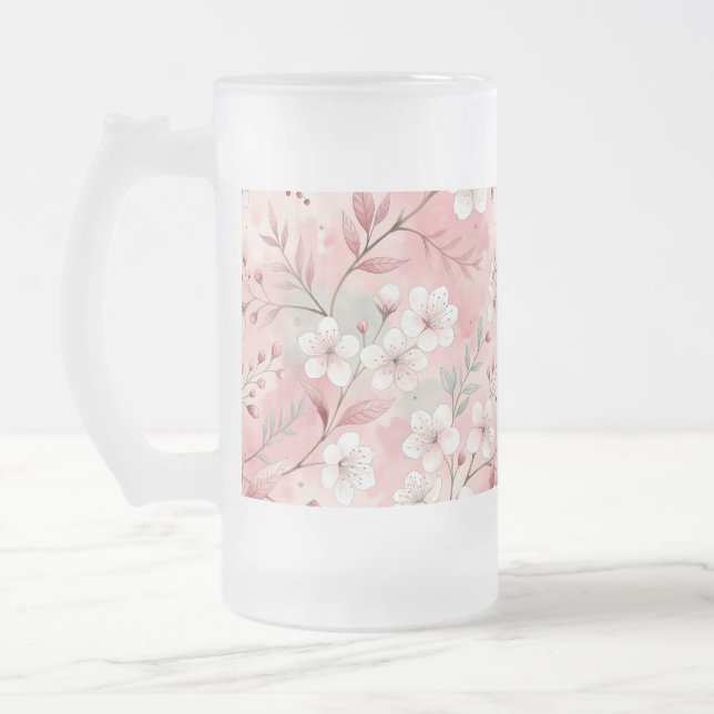 Sakura Flower Pattern Pink  Frosted Glass Beer Mug (Left)