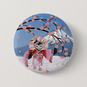 Sakura Geisha Bird in the Snow Cherry Blossoms 6 Cm Round Badge