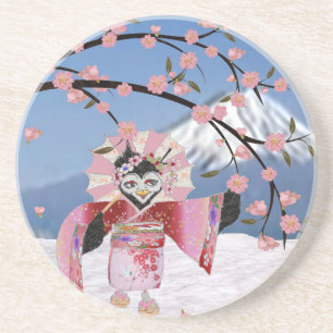 Sakura Geisha Bird in the Snow Cherry Blossoms Coaster