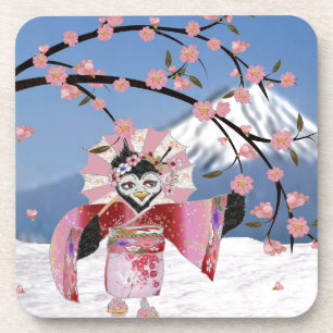 Sakura Geisha Bird in the Snow Cherry Blossoms Coaster