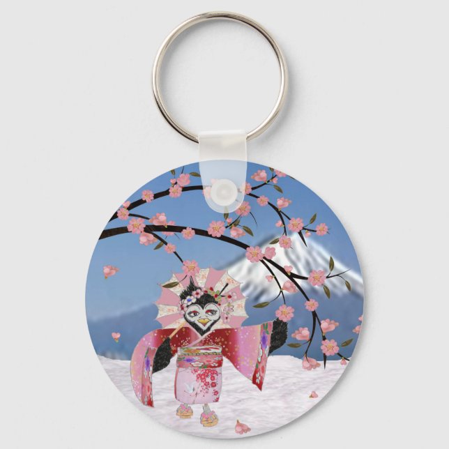 Sakura Geisha Bird in the Snow Cherry Blossoms Key Ring (Front)