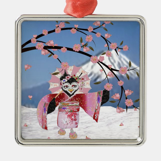 Sakura Geisha Bird in the Snow Cherry Blossoms Metal Tree Decoration (Front)