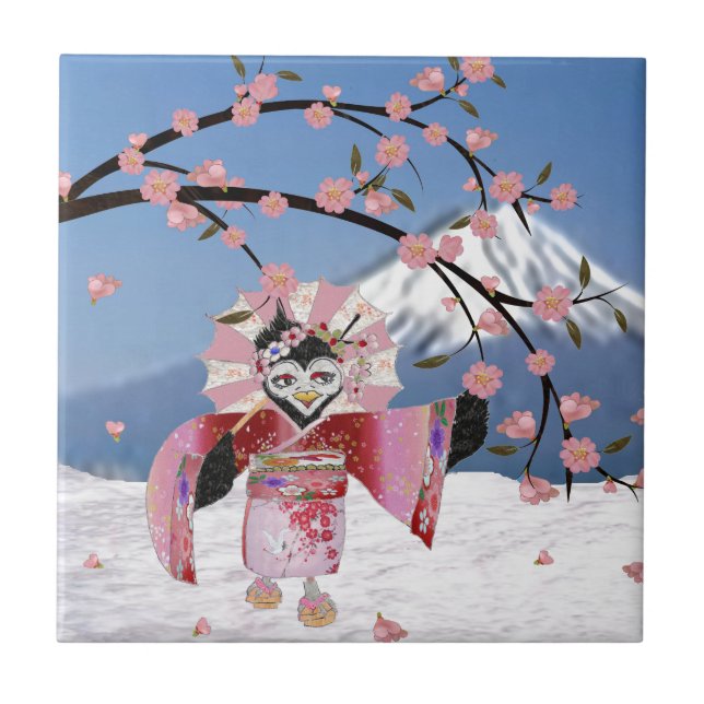 Sakura Geisha Bird in the Snow Cherry Blossoms Tile (Front)