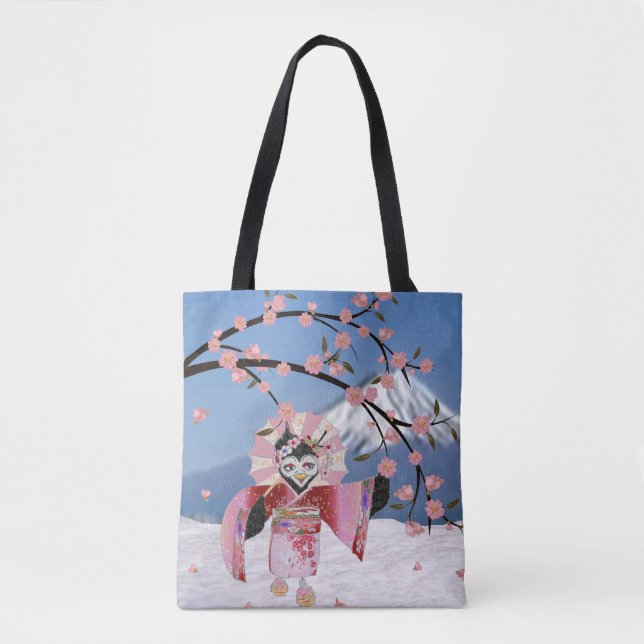 Sakura Geisha Bird in the Snow Cherry Blossoms Tote Bag (Front)