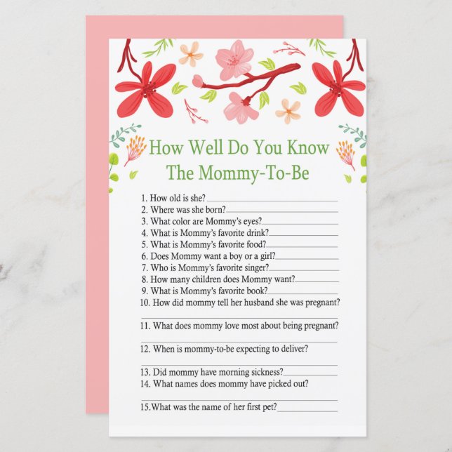 Sakura How well do you know baby shower game (Front/Back)
