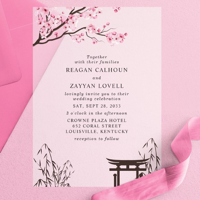 Sakura Japanese Cherry Blossom Asian Wedding Vellum Invitations (Creator Uploaded)