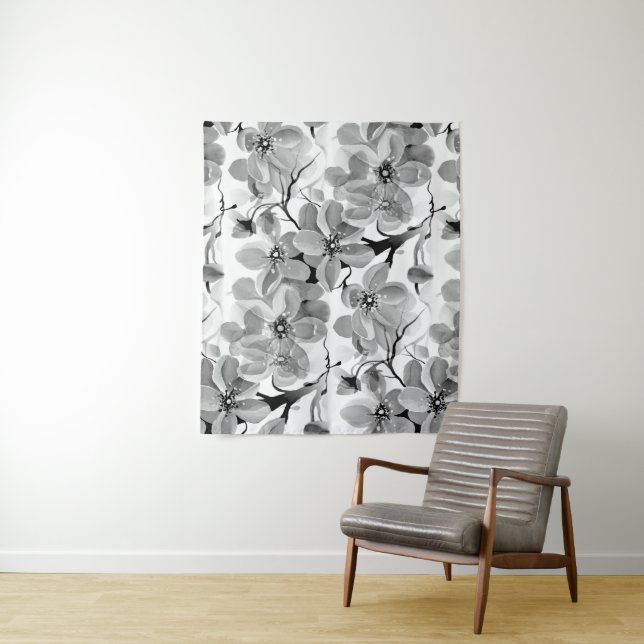 Sakura Japanese Cherry Tree Black and White  Tapestry (In Situ)