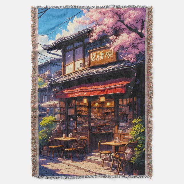 Sakura Kissa  - Cherry Blossom Café Throw Blanket (Front Vertical)